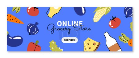 Illustration for Online grocery blue banner concept. Natural and organic products. Vegetables and dairy products, milk and cheese. Corn, tomato, eggplant and cucumber. Cartoon flat vector illustration - Royalty Free Image