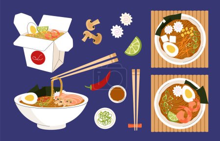 Illustration for Set of ramen noodles soup top view. Traditional Asian and Korean cuisine. Bowl and box with noodles, eggs and vegetables. Cartoon flat vector collection isolated on blue background - Royalty Free Image