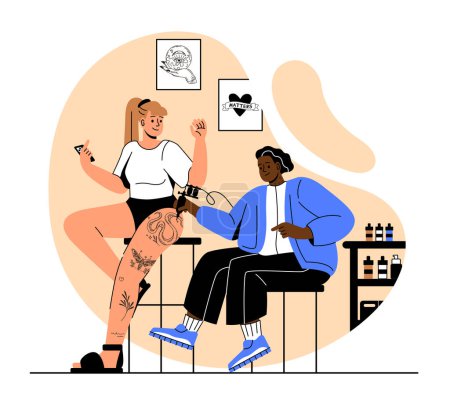 Illustration for Tattoo artist with client concept. Man applies ink to girls leg in tattoo parlor. Tattooist at workplace. Fashion, trend and style. Guy draws sketch with machine. Cartoon flat vector illustration - Royalty Free Image