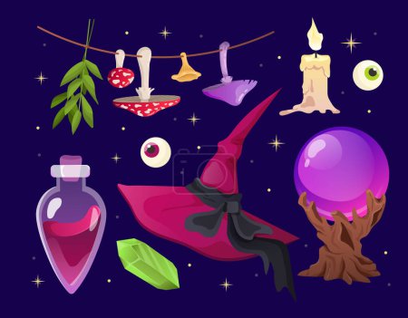 Illustration for Witch items magic set concept. Fly agaric on pendant, hat, candle, diamond and crystal ball, potion. Witchcraft and sorcery, magic. Cartoon flat vector collection isolated on blue background - Royalty Free Image