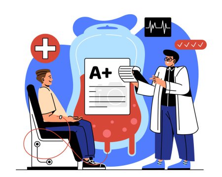 Illustration for Patient with blood transfusion concept. Man in medical uniform shows contract to young guy. Activist and volunteer, blood donor. Medicine and healthcare, treatment. Cartoon flat vector illustration - Royalty Free Image