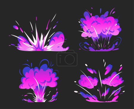 Illustration for Bomb and weapon violet explosions set. Burst and military attack, fight and destruction. War, armed conflict and terrorism. Cartoon flat vector collection isolated on black background - Royalty Free Image