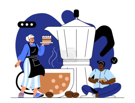 Illustration for People with coffee concept. Man and woman near mug of hot drink and coffee grinder. Aroma and beverage, tasty liquid. Cappuccino, latte and americano. Cartoon flat vector illustration - Royalty Free Image