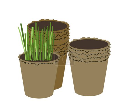 Illustration for Flowerpots with plants set. Gardening, sprouts in pots with soil. Love for flowers and plants. Biology, floristry and botany. Cartoon flat vector illustration isolated on white background - Royalty Free Image