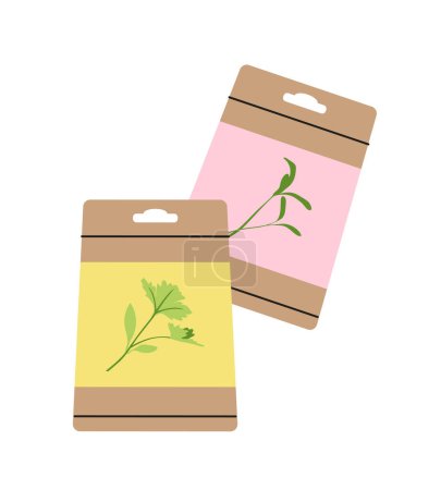Illustration for Packages with seeds for plants concept. Flowers and vegetables. Farming and agriculture. Caring for nature. Botany and ecology. Cartoon flat vector illustration isolated on white background - Royalty Free Image