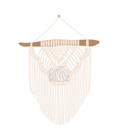 Illustration for Handcrafted macrame on pendant concept. White lines of fabric and rope on wooden plank. Traditions and culture. Comfort and coziness. Cartoon flat vector illustration isolated on white background - Royalty Free Image