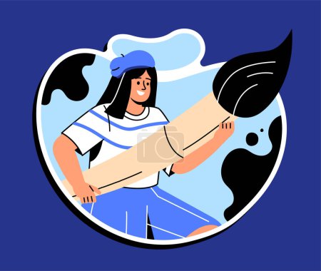 Illustration for Sticker with woman with paintbrush. Art and creativity, young artist, painter with inventory in workshop or studio. Cultural leisure and rest, hobby. Cartoon flat vector illustration - Royalty Free Image