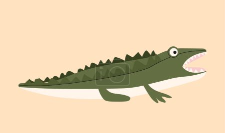 Illustration for Nursery room crocodile toy concept. Comfort and coziness. Tropical and exotic animal. Sticker for social networks and messengers. Cartoon flat vector illustration isolated on beige background - Royalty Free Image