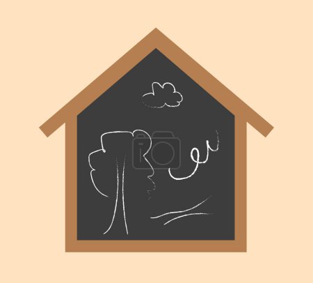 Illustration for Nursery room home chalkboard concept. Minimalistic chalk drawings of tree and cloud. Education and training. Creativity and art. Cartoon flat vector illustration isolated on beige background - Royalty Free Image