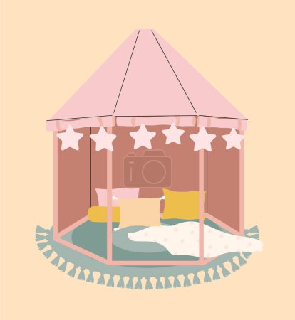 Illustration for Nursery room home hut concept. Comfort and coziness. Furniture with carpet and pillows. Element and decor in playroom. Rest and relax. Cartoon flat vector illustration isolated on beige background - Royalty Free Image