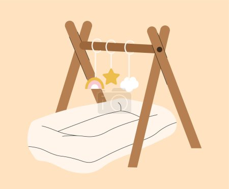 Illustration for Nursery room crib concept. Comfort and coziness. Bed with toys on pendant, rainbow, cloud and star. Rest and relax, dream. Cartoon flat vector illustration isolated on beige background - Royalty Free Image