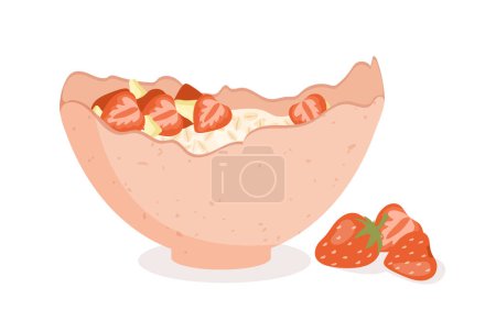 Illustration for Plate of oatmeal with strawberry concept. Milk porridge with juicy berries. Traditional morning breakfast, healthy eating with vitamins. Tasty vegetarian food. Cartoon flat vector illustration - Royalty Free Image