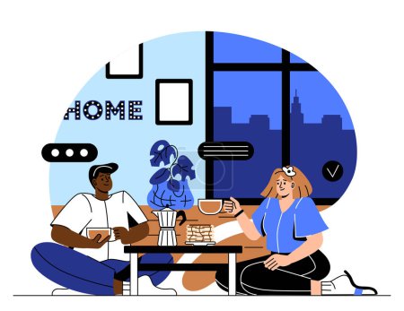 Illustration for Romantic talk at home. Man and woman sitting in apartment with mugs of hot drinks, coffee and tea. Date and love, romantic relationship. Young couple rest indoor. Cartoon flat vector illustration - Royalty Free Image
