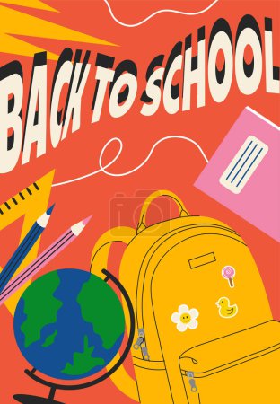 Illustration for Back to school colorful poster. Yellow backpack, pink diary, globe and stationery. Set for education, learning and training. Knowledge and information. Cartoon flat vector illustration - Royalty Free Image