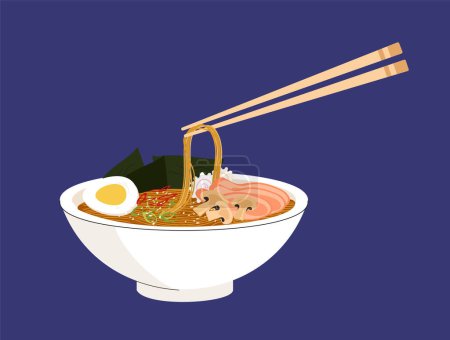 Téléchargez les illustrations : Ramen nouilles soupe dans le concept bol. Cuisine coréenne traditionnelle et cuisine asiatique. Menu café ou restaurant. Crevettes, champignons et œufs. Illustration vectorielle plate de bande dessinée isolée sur fond bleu - en licence libre de droit