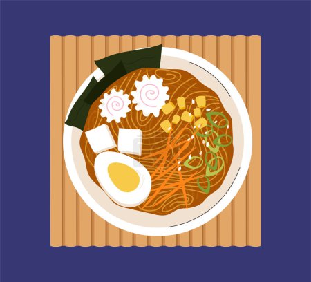 Téléchargez les illustrations : Soupe ramen dans un bol concept vue du dessus. Nouilles aux carottes, œufs et légumes. Cuisine traditionnelle asiatique coréenne. Manger fait maison. Illustration vectorielle plate de bande dessinée isolée sur fond bleu - en licence libre de droit