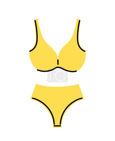 Illustration for Yellow swimsuit for summer concept. Textile and cotton, fashion. Underwear clothing for holiday and vacations. Wear and garment. Cartoon flat vector illustration isolated on white background - Royalty Free Image