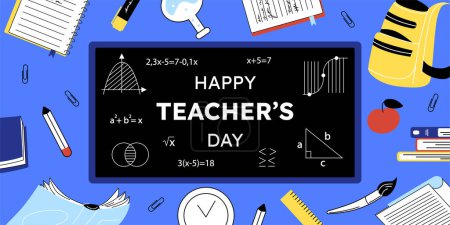 Illustration for Happy teachers day concept. International holiday and festival. Chalk board near pens and pencils, rulers. Education and training. School and university, college. Cartoon flat vector illustration - Royalty Free Image