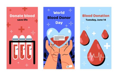 Illustration for World blood donor day set. International holiday and festival. Volunteering and activism, donation. Transfusion and transfer. Cartoon flat vector collection isolated on white background - Royalty Free Image