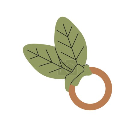 Illustration for Baby ring in scandinavian style concept. Wooden toy with leaves. Accessory and decoration. Sticker for social networks and messengers. Cartoon flat vector illustration isolated on white background - Royalty Free Image