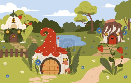 Illustration for Fairy tale houses landscape concept. Imagination and fantasy, dream. Building in flower, tree and mushroom. Dwarves and elves. Beautiful natural panorama. Cartoon flat vector illustration - Royalty Free Image