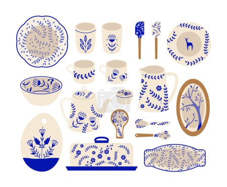 Illustration for Decorative tableware with ornaments set. Kitchen utensil. Cup, mug and teapot with blue patterns. Culture and traditions. Cartoon flat vector collection isolated on white background - Royalty Free Image