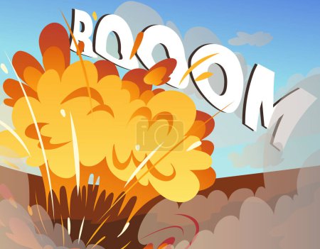 Illustration for Explosion of dynamite with boom inscription concept. War and armed conflict. Danger and destruction, demolition. Mining and Metal Extraction. Bomb and dynamite. Cartoon flat vector illustration - Royalty Free Image