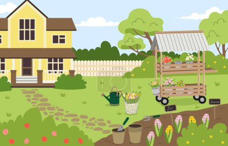 Illustration for Garden beautiful landscape concept. Rural village and agriculture. Flowers and tulips at backyard. Summer and spring season. Poster or banner for website. Cartoon flat vector illustration - Royalty Free Image
