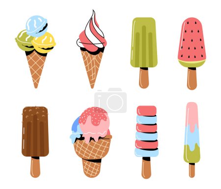 Illustration for Set of sweet ice creams. Dessert and delicacy for summer season. Frozen and tasty food, eating. Waffle cone and stick with topping. Cartoon flat vector collection isolated on white background - Royalty Free Image