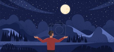Illustration for Man watch at night sky concept. Young guy looks at natural panorama and landscape. Astrology and astronomy, stargazing. Active lifestyle and hiking. Cartoon flat vector illustration - Royalty Free Image
