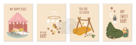 Illustration for Set of nursery boho posters. Comfort and coziness in apartment. Kids room and playroom. Banners in bohemian style. Crib and toys. Cartoon flat vector collection isolated on white background - Royalty Free Image
