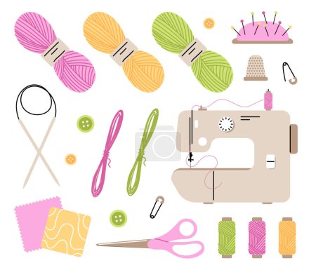 Illustration for Set of items for sewing and needlework. Multicolored threads and fabric, scissors and sewing machine. Sewing and atelier inventory. Cartoon flat vector collection isolated on white background - Royalty Free Image