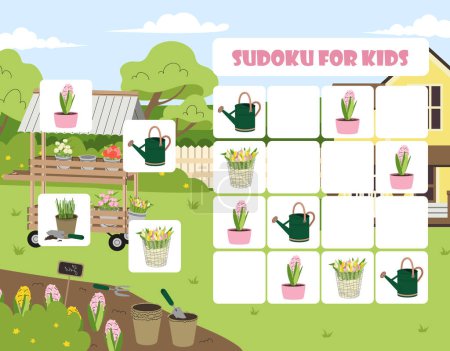 Illustration for Sudoku for kids game concept. Watering cans and flowers. Educational material, development of logical thinking and mindfulness. Gardening and agriculture. Cartoon flat vector illustration - Royalty Free Image