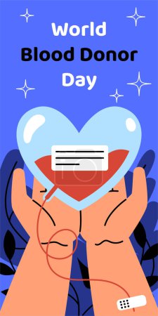Illustration for World blood donor day poster. Hands holding heart with red liquid. International holiday and festival. Generosity and charity. Cover or banner. Cartoon flat vector illustration - Royalty Free Image