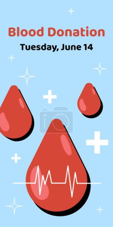 Illustration for World blood donor day poster. Drops of blood with medical white crosses. Activism and volunteering, save life with plasma. Graphic element for website. Cartoon flat vector illustration - Royalty Free Image