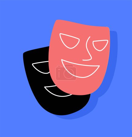 Illustration for Red and black masks sticker concept. Pack of theatral items for perform at scene. Different emotions. Template, layout and mock up. Cartoon flat vector illustration isolated on blue background - Royalty Free Image