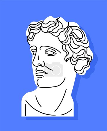 Illustration for White sculpture head sticker concept. Art and creativity. Marble bust of man. Creativity and art. Template, layout and mock up. Cartoon flat vector illustration isolated on blue background - Royalty Free Image