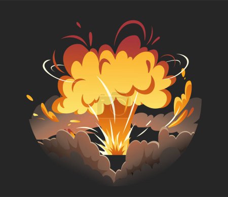 Illustration for Bomb explosion in circle concept. Detonation and destruction. Grenade, bomb and dynamite. War and armed conflict. Clouds and smoke. Cartoon flat vector illustration isolated on black background - Royalty Free Image