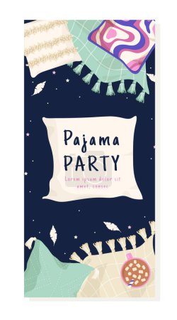 Illustration for Pajama party postcard template. Party and entertainment, leisure. Multicolored pillows with feathers on background of starry sky. Rest and relax, dream. Cartoon flat vector illustration - Royalty Free Image