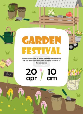 Illustration for Garden festival poster concept. Farming and agriculture. Beds with flowers and plants, rake and watering can. International holiday and festival. Cartoon flat vector illustration - Royalty Free Image