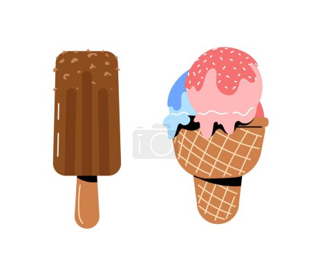 Illustration for Set of Ice creams sticker. Frozen dessert and delicacy, gourmet. Waffer cone with balls. Poster or banner for website. Cartoon flat vector collection isolated on white background - Royalty Free Image