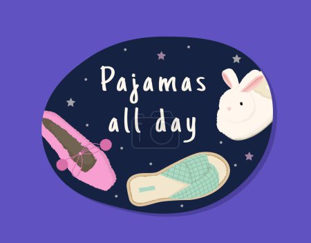 Illustration for Pajamas party sticker concept. Different slippers on starry background. Fashion, trend and style. Aesthetics and elegance. Cartoon flat vector collection isolated on blue background - Royalty Free Image