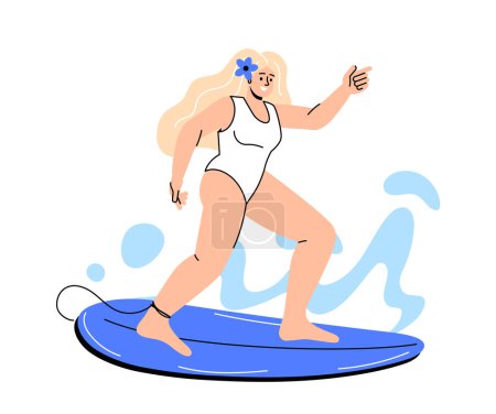 Ilustración de Mujer con concepto de tabla de surf. Estilo de vida activo y deportes extremos. Los atletas se suben a bordo de olas en un país tropical y exótico. Ilustración vectorial plana de dibujos animados aislada sobre fondo blanco - Imagen libre de derechos