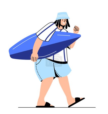 Illustration for Man with surfboard concept. Young guy in cap with board. Sticker for social networks and messengers. Extreme sport and outdoor activities. Cartoon flat vector illustration isolated on white background - Royalty Free Image