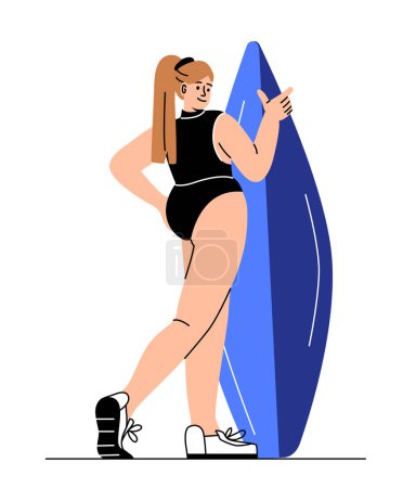Ilustración de Mujer con concepto de tabla de surf. Chica joven en traje de baño con tabla. Vacaciones en países tropicales. Plantilla, diseño y maqueta. Ilustración vectorial plana de dibujos animados aislada sobre fondo blanco - Imagen libre de derechos