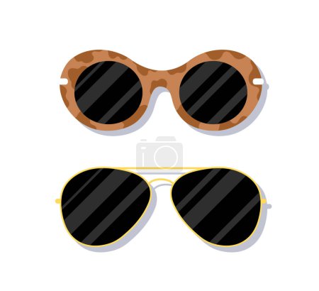 Illustration for Set of trendy sunglasses. Accessory for hot weather and summer season. Ultraviolet protection. Template, layout and mock up. Cartoon flat vector collection isolated on white background - Royalty Free Image