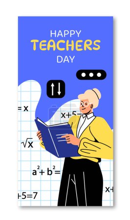 Illustration for Happy teachers day poster concept. Knowledge and information. Woman stands with textbook next to formulas. Design for greeting postcard. Cartoon flat vector illustration isolated on white background - Royalty Free Image