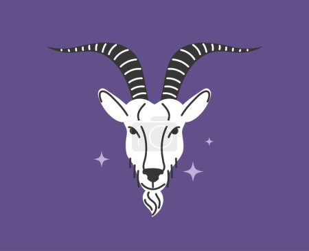 Illustration for Astrological zodiac Aries sign concept. Mysticism and esotericism, astrology. Ram icon for website. Poster or banner for website. Cartoon flat vector illustration isolated on violet background - Royalty Free Image