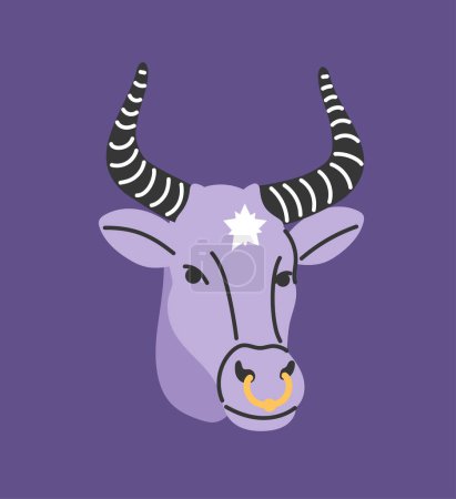 Illustration for Astrological zodiac Taurus sign concept. Mysticism and esotericism, occultism. Sticker for social networks and messengers. Cartoon flat vector illustration isolated on violet background - Royalty Free Image