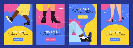 Illustration for Banners for shoes store set. Discounts and promotions, special offer. Fashion, trend and style. Fashionable and trendy clothes. Cartoon flat vector collection isolated on dark background - Royalty Free Image